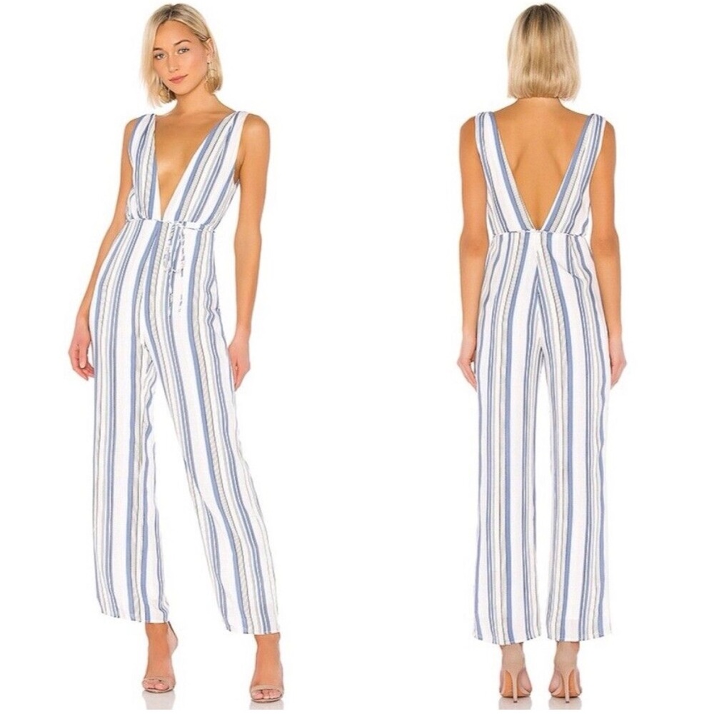 Superdown Bette Deep V Jumpsuit Rayon Multi Stripe Revolve Blue White Pi…